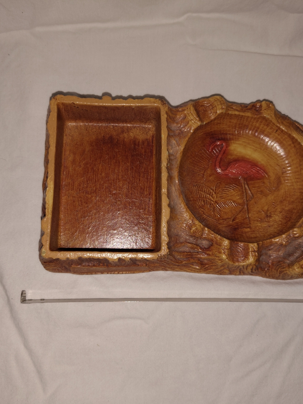 Carved Wooden Trinket Dish with Flamingo Detail - Brown